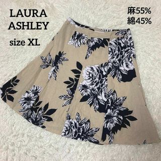 ローラアシュレイ(LAURA ASHLEY)のローラアシュレイ　綿麻スカート　ゆったりサイズ   13号　花柄　ベージュ(ひざ丈スカート)