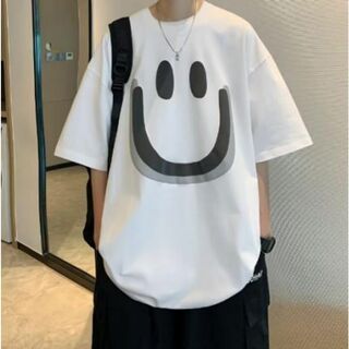 ニコちゃん ビッグプリント Tシャツ 韓国 メンズ ホワイト(Tシャツ/カットソー(半袖/袖なし))