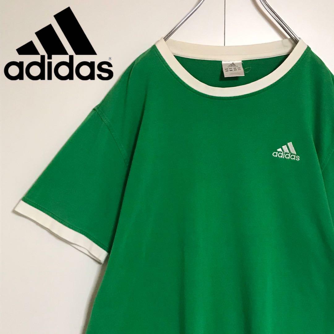adidas(アディダス)の【万国旗タグ】アディダス　刺繍ロゴ入りリンガーTシャツ グリーン　H735 メンズのトップス(Tシャツ/カットソー(半袖/袖なし))の商品写真