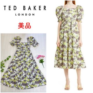 テッドベイカー(TED BAKER)の美品 テッドベイカー 花柄 パフスリーブ ティアード ミディドレス グリーン(ロングワンピース/マキシワンピース)