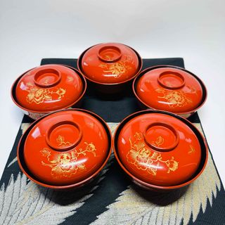 漆器　輪島塗　木製　蒔絵　蓋付椀　汁椀　5客　時代物(漆芸)