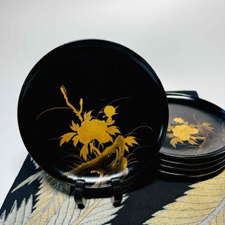 漆器　輪島塗　沈金　岩に牡丹文　蒔絵　木製　中皿　5客　時代物(漆芸)