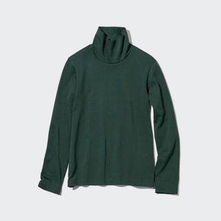 ユニクロ(UNIQLO)のダークグリーン　スムースストレッチコットンタートルネックT ユニクロ(Tシャツ(長袖/七分))