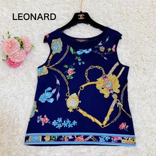 LEONARD - 極美品☆レオナール チェーン 花柄 トップス カットソー トリム ネイビー