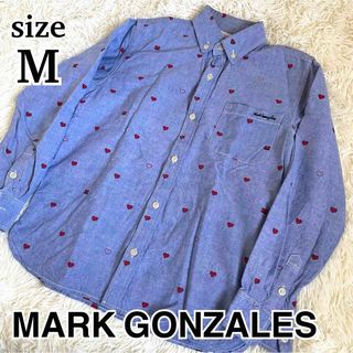 マークゴンザレス(Mark Gonzales)のマークゴンザレス　柄シャツ　ハート　総柄　ブルー　M (シャツ)