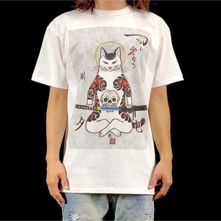 新品 ビッグ プリント 和彫 刺青 入墨 ドクロ タトゥー 猫 日本刀 Tシャツ(Tシャツ/カットソー(半袖/袖なし))