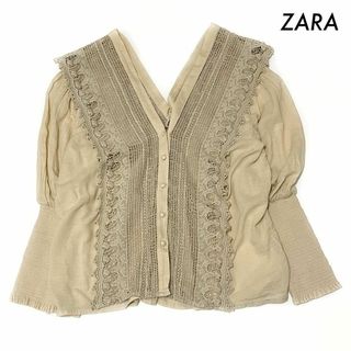 ZARA - ZARA ザラ★太レース付き 長袖ブラウス Vネック キナリ