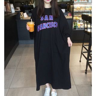 ロング丈Tシャツワンピ　マキシ　楽ちん　ゆったり　リラックス　部屋着　パジャマ　(ロングワンピース/マキシワンピース)