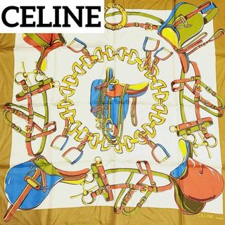 セリーヌ(celine)の極美品★CELINE★ スカーフ 大判 馬具 ベルト チェーン シルク ブラウン(バンダナ/スカーフ)