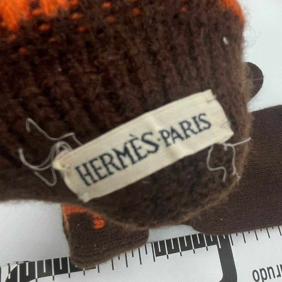 HERMES エルメス ミトンロゴ 手袋グローブ ブラウンオレンジ ウール