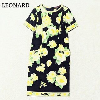 LEONARD - 良品 LEONARD フラワープリントワンピース トリム 半袖 L 濃紺 黄