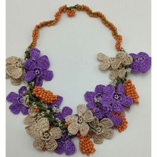 o2-3 ハンドメイド　トルコ　オヤ刺繍　ネックレス　紫　ベージュ　フラワー刺繍(ネックレス)