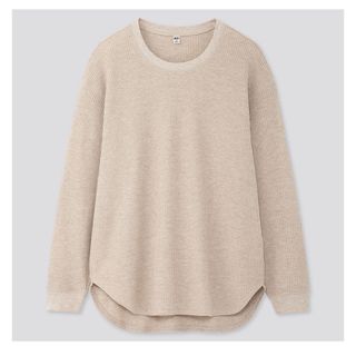 ユニクロ(UNIQLO)のワッフルオーバーサイズクルーネックT   ベージュ　XL(カットソー(長袖/七分))