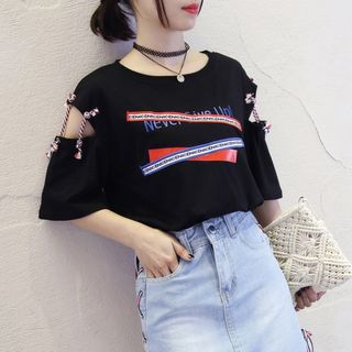 レディース Tシャツ 黒 L 半袖 カットアウト トリコロール 夏 春(Tシャツ(半袖/袖なし))