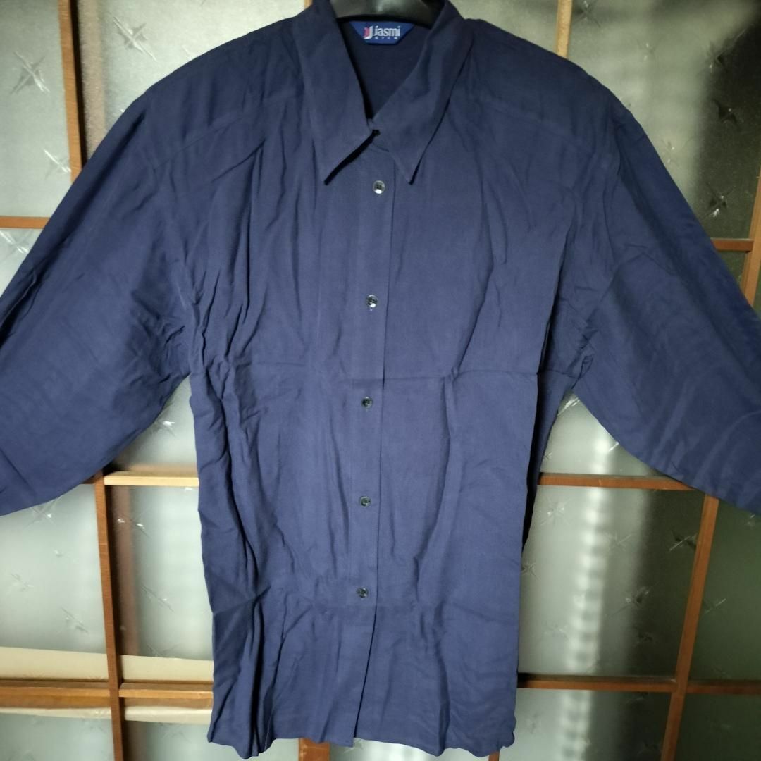 Jasmi ジャスミ 絹 シルク100% 長袖シャツ ネイビー紺 Lサイズ相当 レディースのトップス(シャツ/ブラウス(長袖/七分))の商品写真