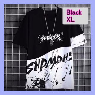 【大人気】　メンズ　黒Tシャツ　お洒落　切り替え　XL　春夏(Tシャツ/カットソー(半袖/袖なし))