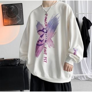 メンズ　トレーナー　白　ストリート　ヒップホップ　ゆったり　大きめ　XL(Tシャツ/カットソー(七分/長袖))