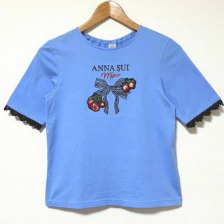 メゾピアノ(mezzo piano)のアナスイミニ 150 フルーツ刺繍入り袖レースTシャツ 半袖カットソー 青 黒(Tシャツ/カットソー)