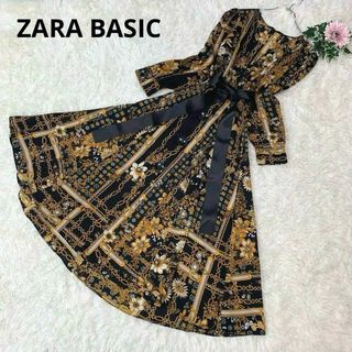 ザラ(ZARA)のB223美品⚫︎ZARA BASIC【ロングワンピース】長袖 スカーフ柄 (ロングワンピース/マキシワンピース)