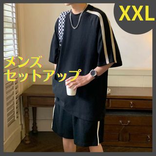 メンズ セットアップ 上下セット 半袖ハーフパンツ ブラック XXL(Tシャツ/カットソー(半袖/袖なし))