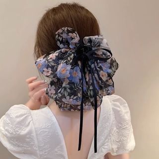 73【大人気】韓国アクセサリーヘアクリップリボン花柄黒オルチャンシフォン(バレッタ/ヘアクリップ)