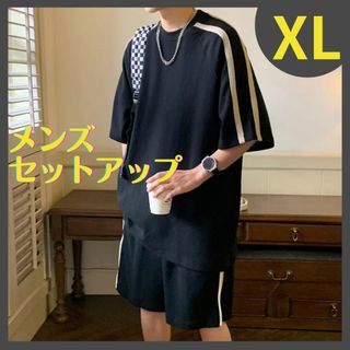 メンズ セットアップ 上下セット 半袖ハーフパンツ ブラックX L(Tシャツ/カットソー(半袖/袖なし))