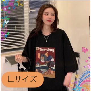 春夏 トムとジェリー アメカジ プリント 半袖 Tシャツ ブラック Lサイズ(カットソー(半袖/袖なし))