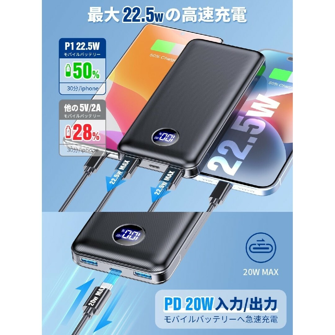 22.5W/20W対応 モバイルバッテリー 大容量 35000mAh 急速充電 スマホ/家電/カメラのスマートフォン/携帯電話(バッテリー/充電器)の商品写真