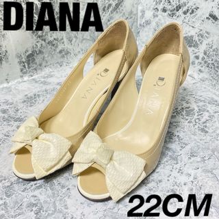 DIANA - 【状態良好&送料無料】DIANAダイアナ　ベージュホワイトリボンオープントゥ