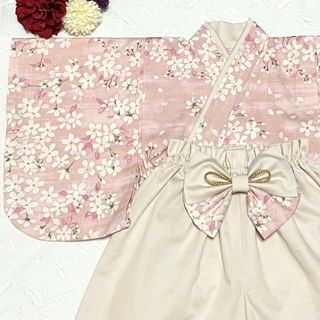 ベビー袴　ハンドメイド　70〜80cm  桜　アイボリー　(和服/着物)