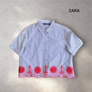 ZARA - ZARA BASIC （ザラベーシック） スカラップ刺繍ストライプシャツ 