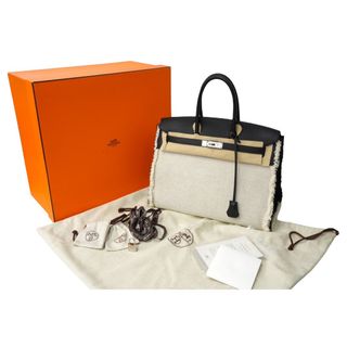 エルメス(Hermes)の極美品 激レア HERMES エルメス ハンドバッグ バーキン 35 フレイフレイ Z刻 シルバー金具 ブラック ホワイト スイフト×ツイルアッシュ 中古 62981(ハンドバッグ)