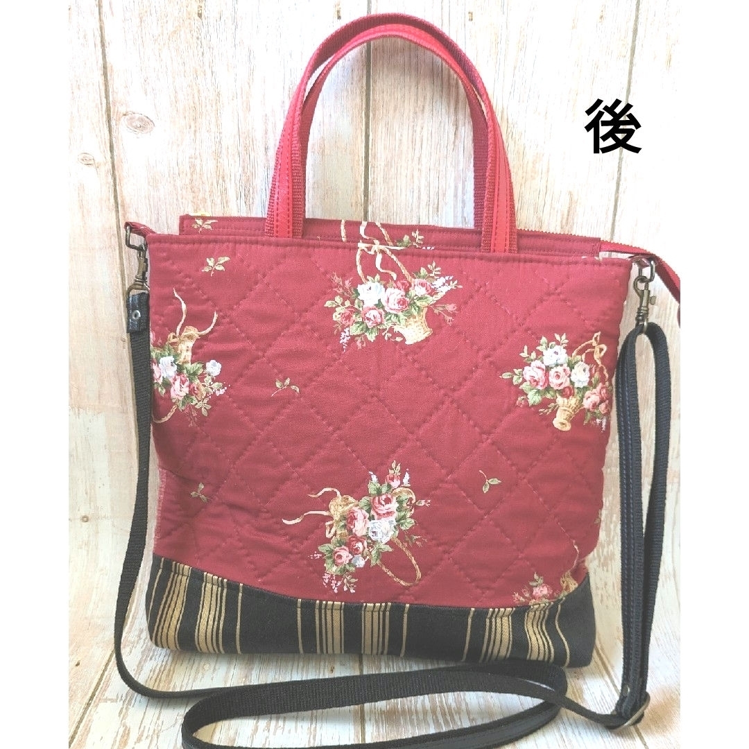赤いバラ柄パッチワークバッグ ショルダー紐付き ハンドメイドのファッション小物(バッグ)の商品写真
