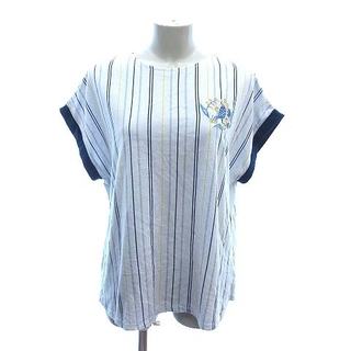 グラニフ Tシャツ カットソー 半袖 ロールアップ ストライプ 刺繍 F 青