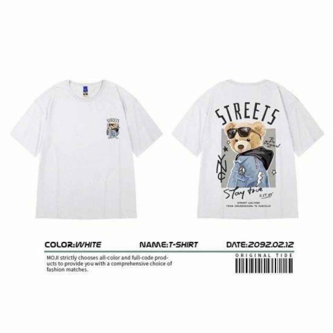 メンズ ストリート ベア くま オーバーサイズ Tシャツ 白 半袖 韓国 メンズのトップス(Tシャツ/カットソー(半袖/袖なし))の商品写真