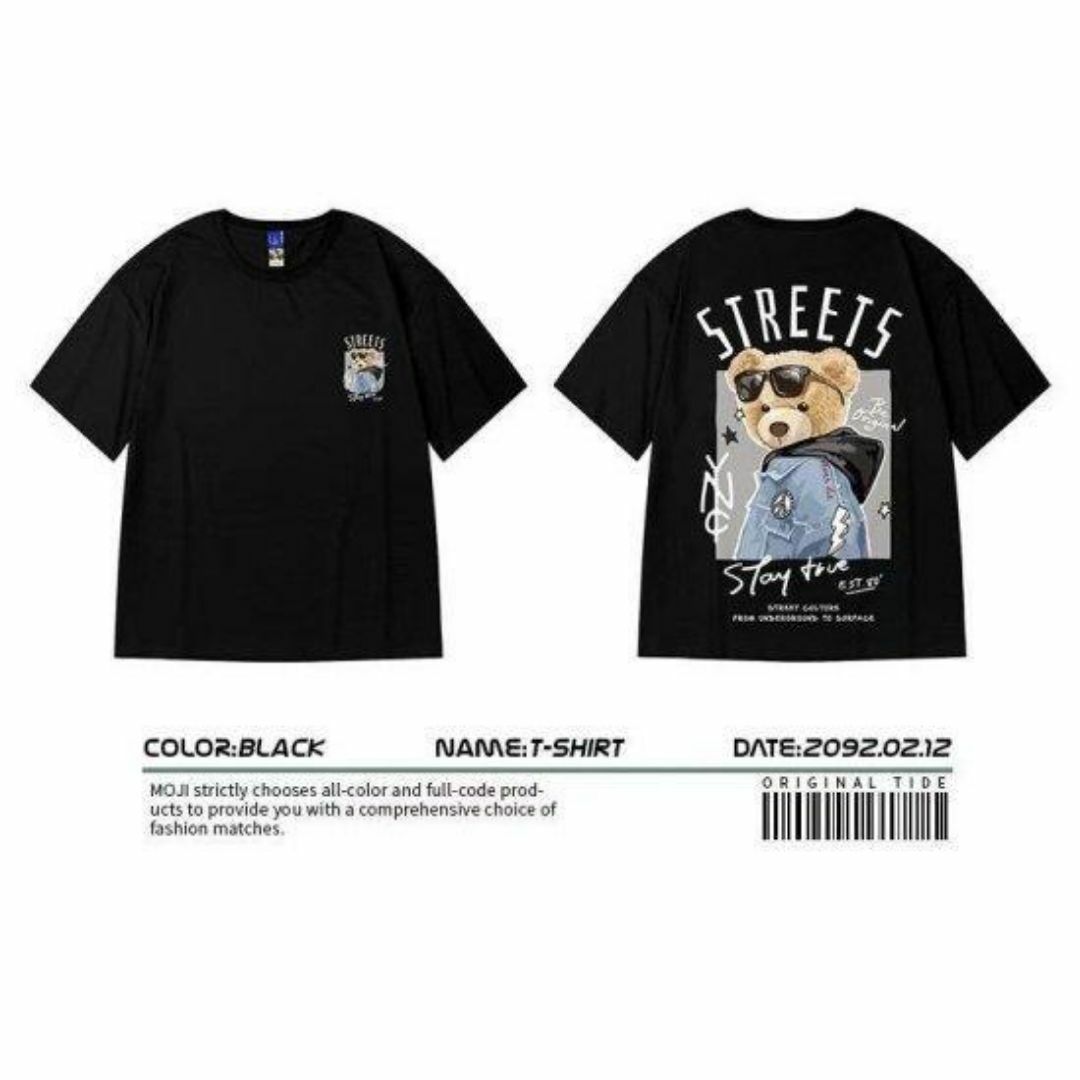 メンズ ストリート ベア くま オーバーサイズ Tシャツ 黒 半袖 韓国 メンズのトップス(Tシャツ/カットソー(半袖/袖なし))の商品写真