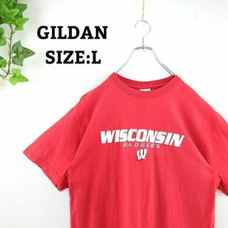 輸入 Tシャツ L レッド 赤 ビッグプリント 刺繍ロゴ US 古着 半袖(Tシャツ/カットソー(半袖/袖なし))