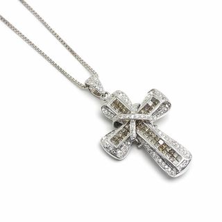 ダイヤモンドネックレス K18WG・ダイヤ2.20ct クロス 十字架 ブラウン(ネックレス)