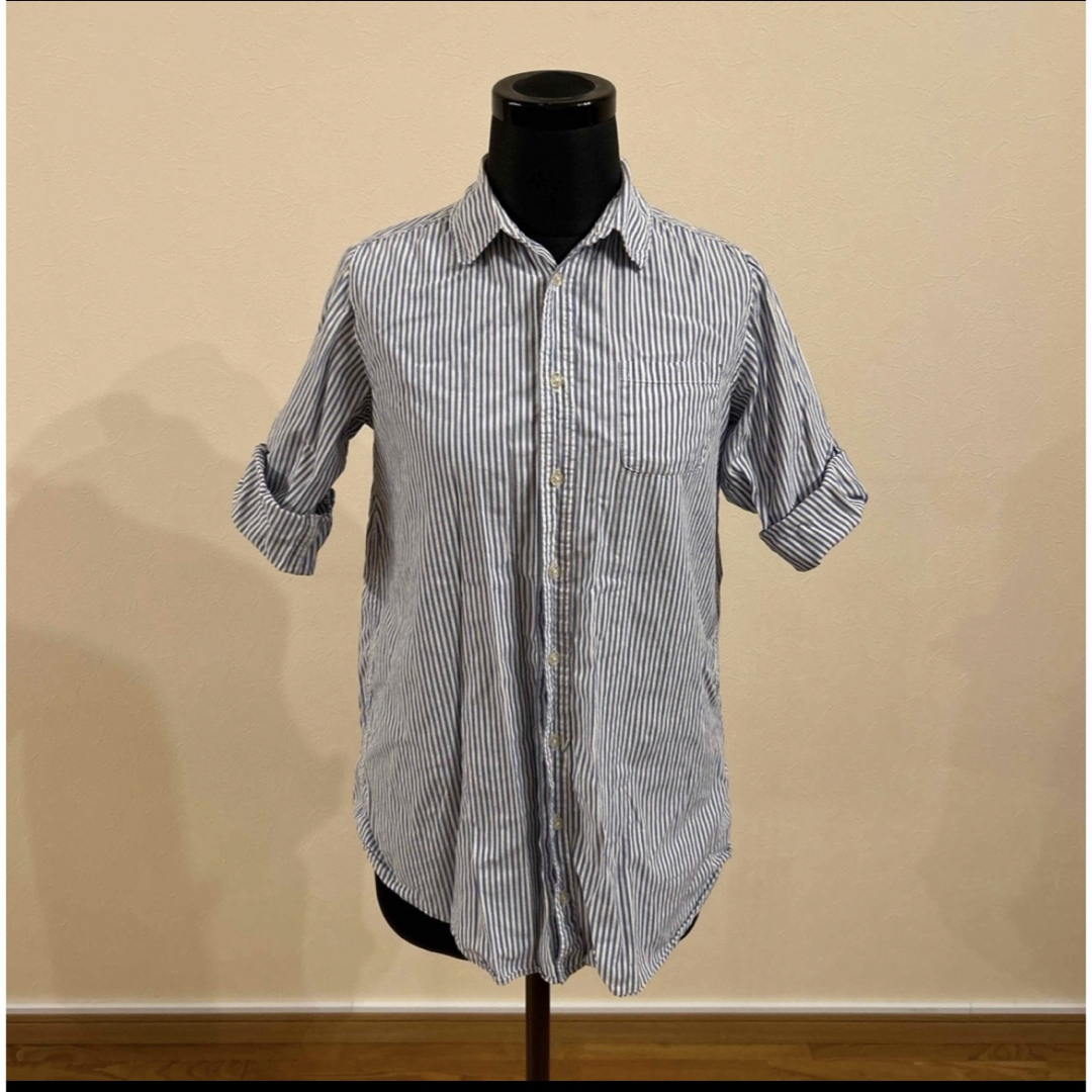 rivet & surge(リベットアンドサージ)のリベットアンドサージ　7分袖ストライプシャツ　白×青　Mサイズ レディースのトップス(シャツ/ブラウス(長袖/七分))の商品写真