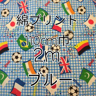 サッカー柄(ブルー)　綿プリント生地 2m(生地/糸)