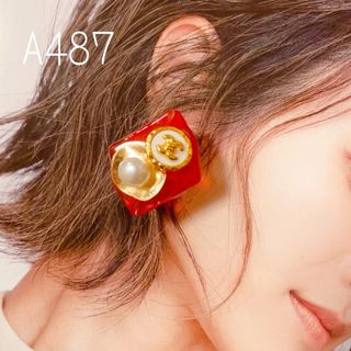 A487…大ぶりRED×ビンテージパール　イヤリング　ピアス　ハンドメイド(イヤリング)