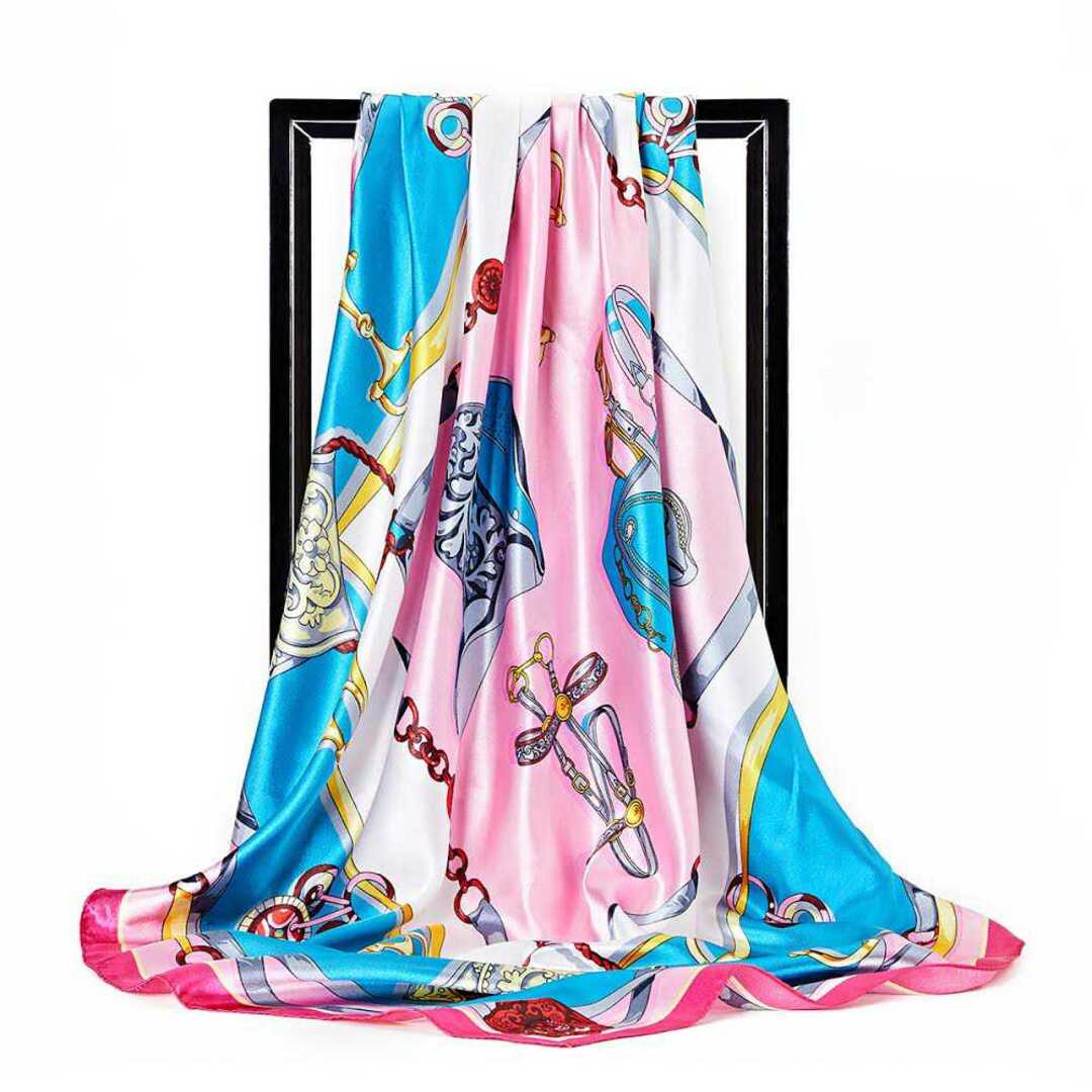 大判90cm×90cm シルク スカーフ ストール バンダナ ブルーピンク系04 レディースのファッション小物(バンダナ/スカーフ)の商品写真