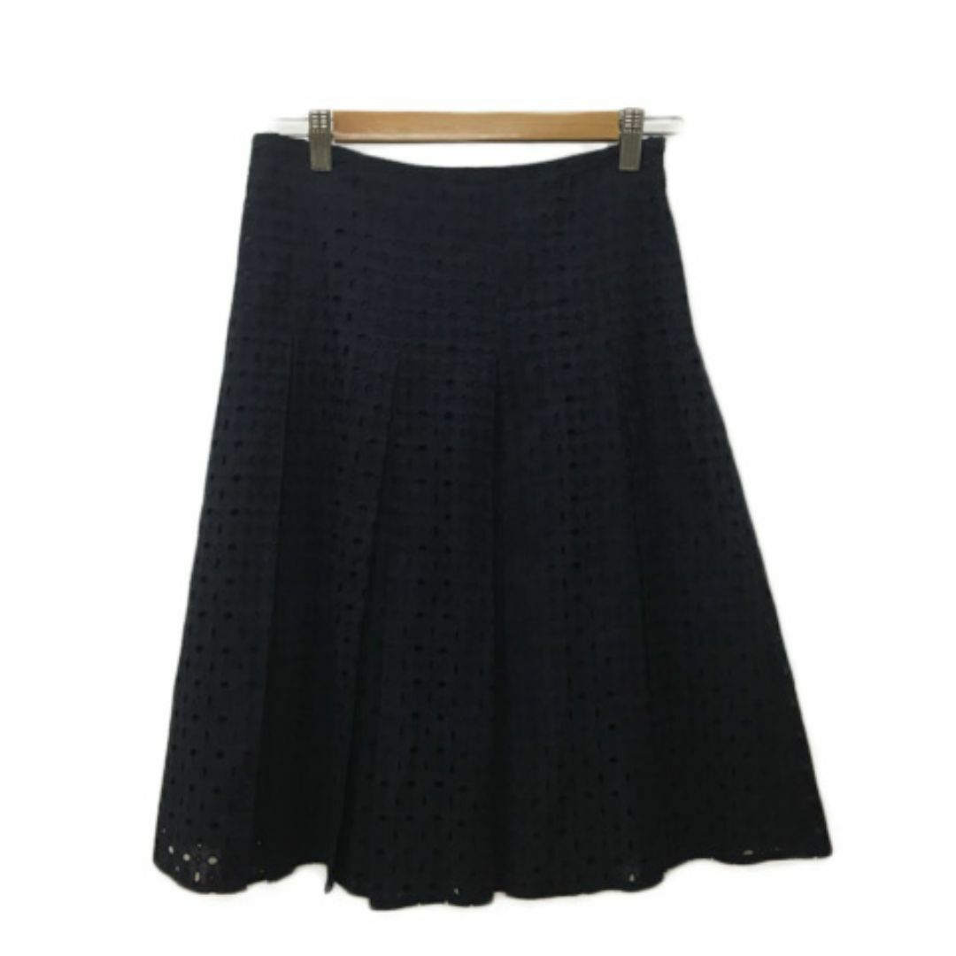 ROPE スカート フレア プリーツ ひざ丈 レース 刺繍 7 紺 レディースのスカート(ひざ丈スカート)の商品写真