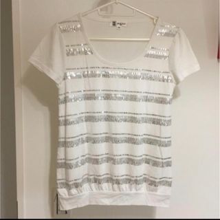 エムケーミッシェルクラン(MK MICHEL KLEIN)のMK  ミッシェルクラン　スパンコールボーダー半袖Tシャツ白　M (Tシャツ(半袖/袖なし))