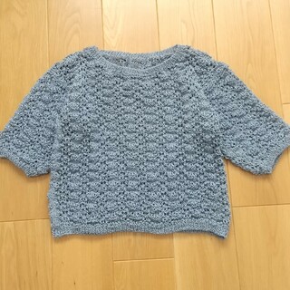 手編み サマーセーター ハンドメイド ニツト ブルーグレー　M(ニット/セーター)