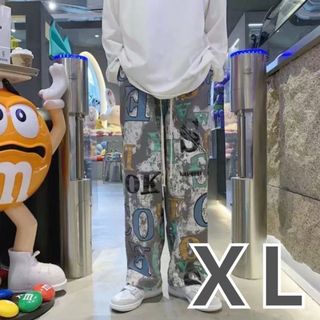 カジュアル　パンツ 韓国 古着風 ロゴ 原宿　ストリート　XL　グレー　英語(スラックス)