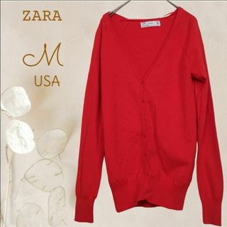 ザラ(ZARA)のb2035【ZARA】長袖カーディガン綿ニット オレンジレッド ネオンカラーL(カーディガン)