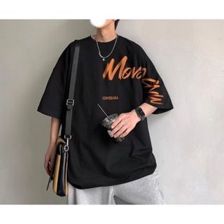 メンズ　Ｔシャツ　黒　ブラック　ＸＬ　ロゴ　肩ロゴ　オーバーサイズ　シンプル(Tシャツ/カットソー(半袖/袖なし))