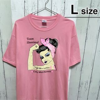 USA古着　Tシャツ　Lサイズ　ピンク　プリント　レディー　ロゴ　クルーネック(Tシャツ/カットソー(半袖/袖なし))