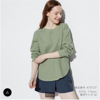 ユニクロ(UNIQLO)のユニクロ ワッフルクルーネックT グリーン M(Tシャツ(長袖/七分))